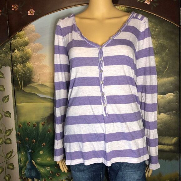 Women's Old Navy Purple/Grey Striped L/S Top-L - Picture 2 of 3